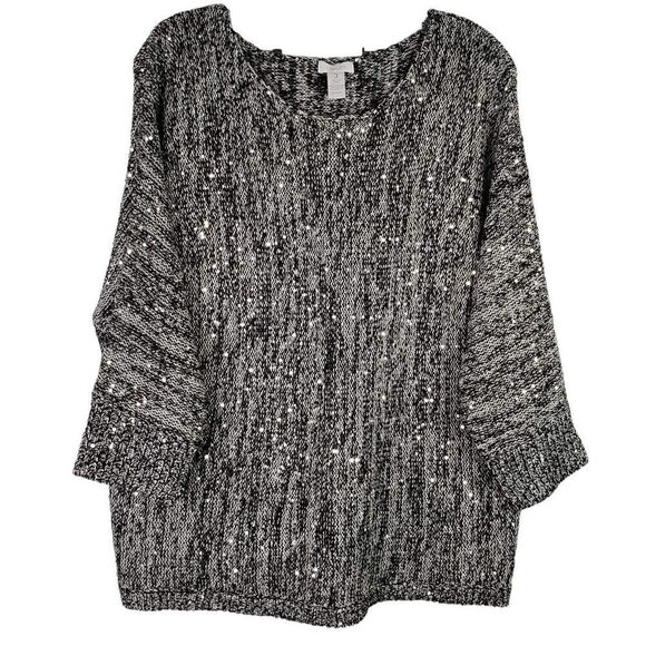 Chicos Sweater Womens Size 3 US XL Black Gray Sparkle Metallic Pullover - Picture 2 of 9